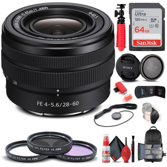 Sony FE 28-60mm f/4-5.6 Lens (SEL2860) Filter Kit BackPack 64GB Card Card Reader Flex Tripod Memory Wallet Cap Keeper Cleaning Kit Hand Strap More International Model