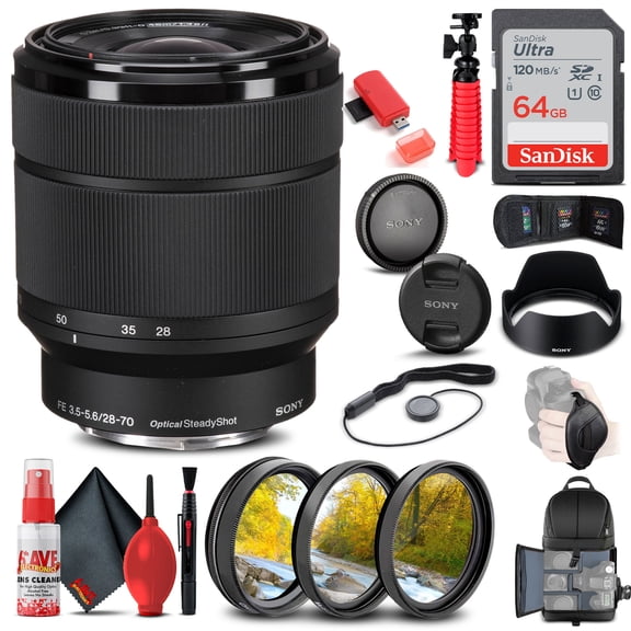 Sony FE 28-70mm f/3.5-5.6 OSS Lens (SEL2870) + Filter Kit + BackPack + 64GB Card + Card Reader + Flex Tripod + Memory Wallet + Cap Keeper + Cleaning Kit + Hand Strap + More(International Model)