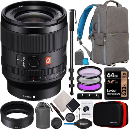 Sony FE 35mm F1.4 GM Full Frame Large Aperture G Master Lens SEL35F14GM for E-Mount Mirrorless Cameras Bundle with Deco Gear Backpack Case + 67mm UV/Polarizer/FLD Filter Kit + Monopod and Accessories