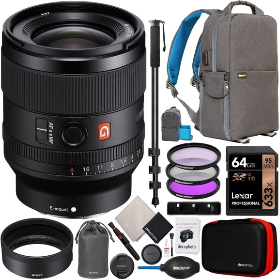 Sony FE 35mm F1.4 GM Full Frame Large Aperture G Master Lens SEL35F14GM for E-Mount Mirrorless Cameras Bundle with Deco Gear Backpack Case + 67mm UV/Polarizer/FLD Filter Kit + Monopod and Accessories