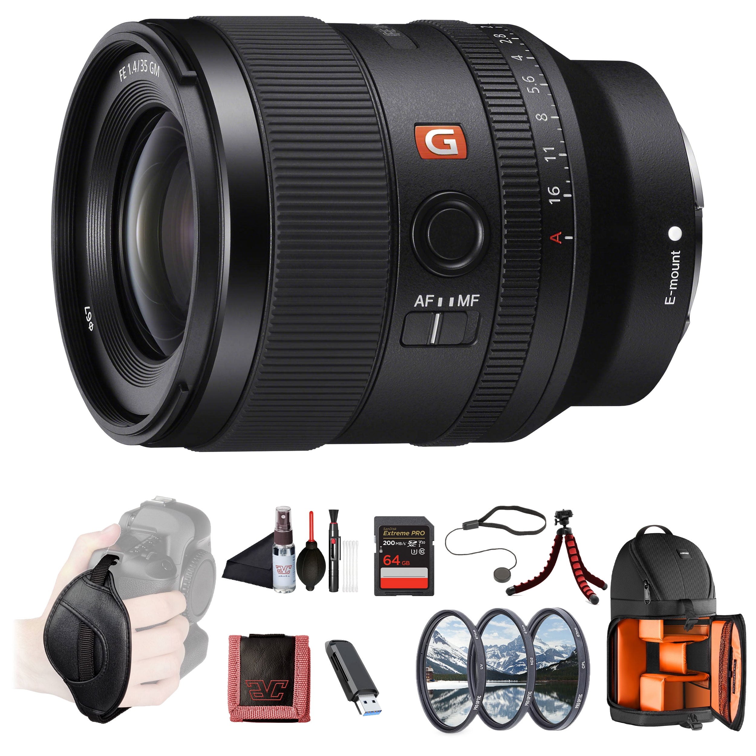 Sony FE 35mm F1.4 GM Wide-Angle Prime Lens (SEL35F14GM) – Full-Frame E-Mount | Bright F1.4 Aperture | G Master Optics | Filter Kit, BackPack, 64GB Card, Card Reader, Flex Tripod and More