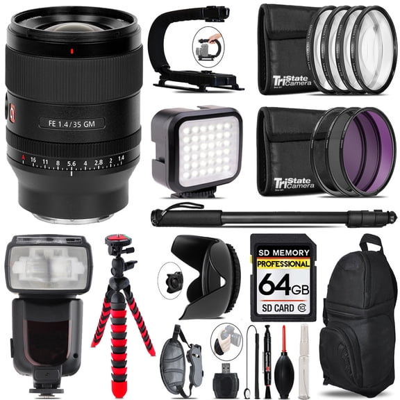 Sony FE 35mm f/1.4 GM Lens + LED Flash+ Bag - 64GB Accessory Bundle (International Version)