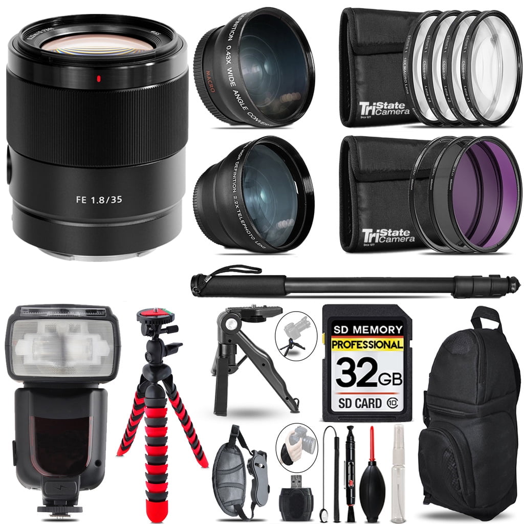 Sony FE 35mm f/1.8 Lens 3 Lens Kit + Monopod 32GB Accessory Bundle