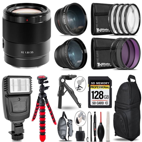 Sony FE 35mm f/1.8 Lens -3 Lens Kit + Slave Flash + Tripod - 128GB Accessory Bundle (International Version)