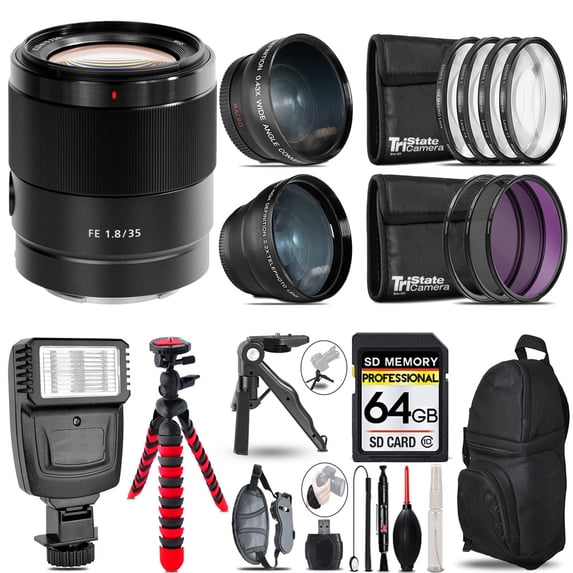 Sony FE 35mm f/1.8 Lens -3 Lens Kit + Slave Flash + Tripod - 64GB Accessory Bundle