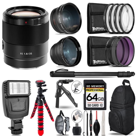 Sony FE 35mm f/1.8 Lens -3 Lens Kit + Slave Flash + Tripod - 64GB Accessory Bundle (International Version)
