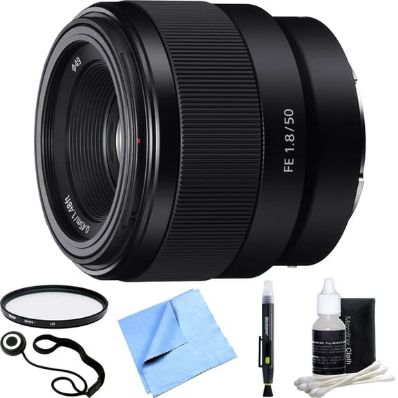 Sony FE 50mm F1.8 Full-frame Prime E-Mount Lens SEL50F18F Essential Accessory Bundle includes Lens, 49mm UV Filter, Lens Cap Keeper, Cleaning Pen, Cleaning Kit and Beach Camera Cloth