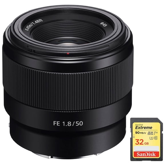 Sony FE 50mm F1.8 Full-frame Prime E-Mount Lens with Sandisk 32GB Extreme SD Memory UHS-I Card