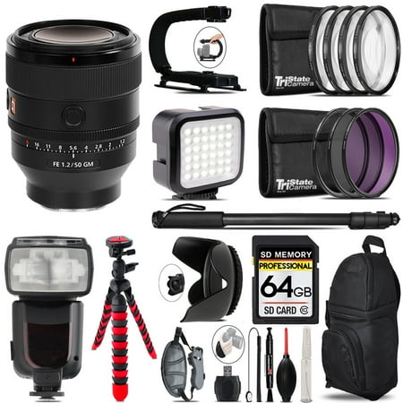 Sony FE 50mm f/1.2 GM Lens (Sony E) + LED Flash+ Bag - 64GB Accessory Bundle (International Version)