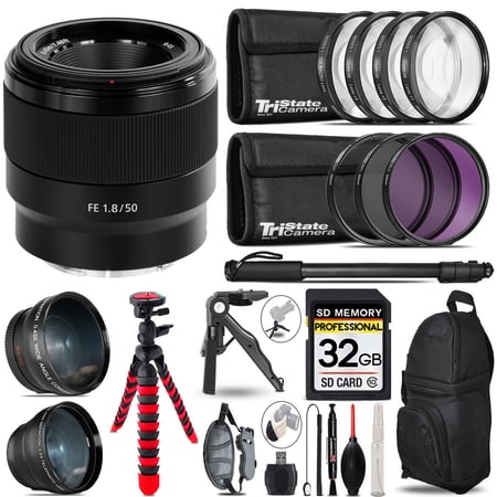 Sony FE 50mm f/1.8 Lens - 3 Lens Kit + Tripod + Backpack - 32GB Accessory Bundle (International Version)