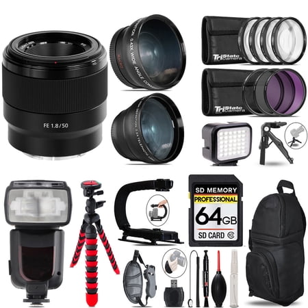 Sony FE 50mm f/1.8 Lens + LED Light + Tripod - 64GB Accessory Bundle (International Version)