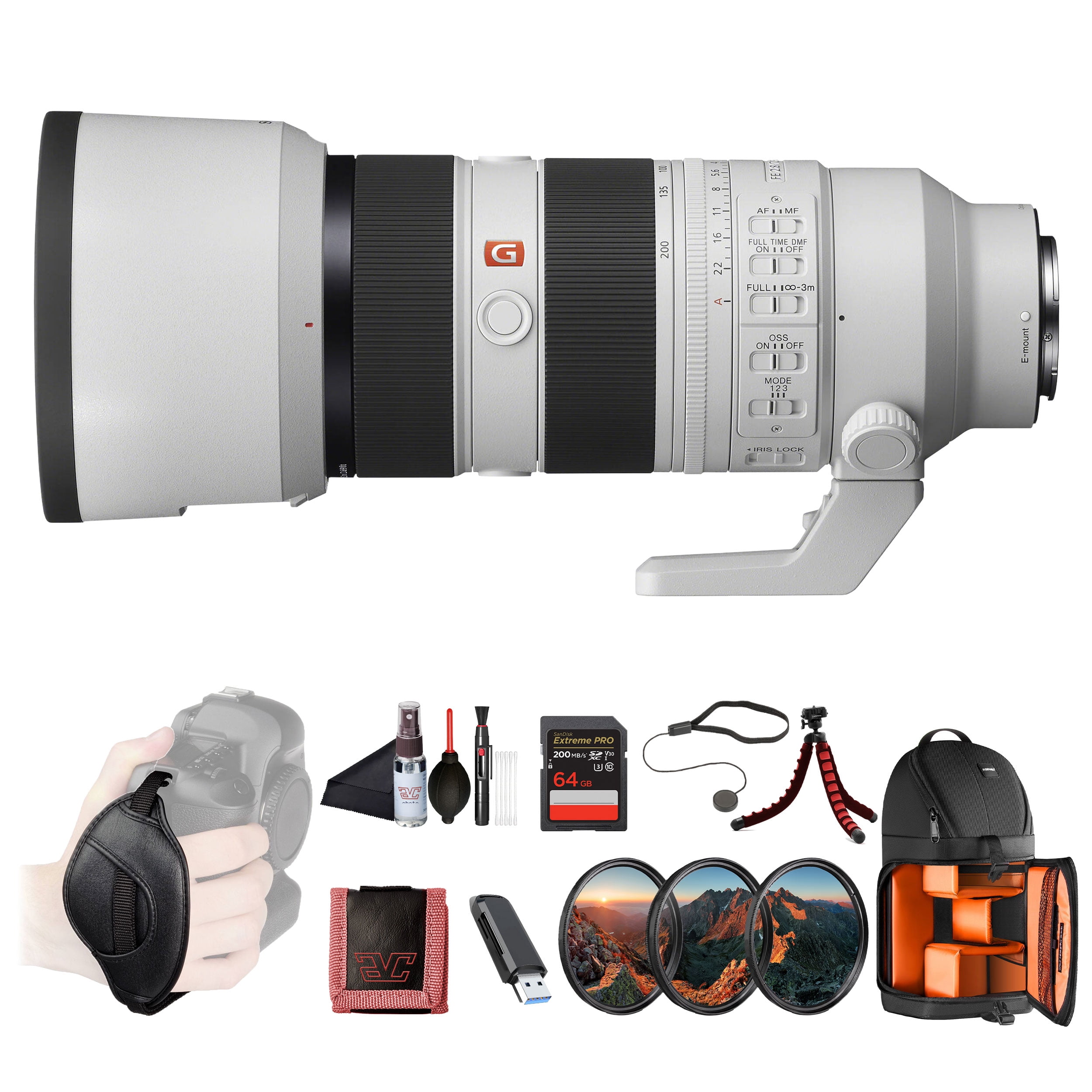 Sony FE 70-200mm F2.8 GM OSS II Telephoto Zoom Lens, Full-Frame E-Mount (SEL70200GM2) + 64GB SD Card, Backpack & Flex Tripod