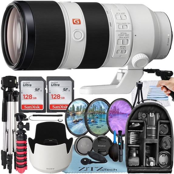 Sony FE 70-200mm f/2.8 GM OSS Lens with 2 Pack SanDisk 128GB Memory Card + Backpack + Tripod + ZeeTech Accesory Professional Bundle International Version