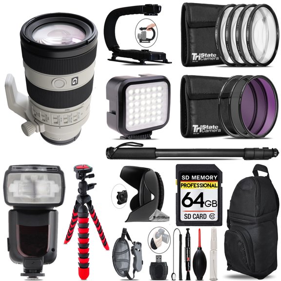 Sony FE 70-200mm f/4 Macro G OSS II Lens (Sony E) + LED Flash+ Bag - 64GB Accessory Bundle
