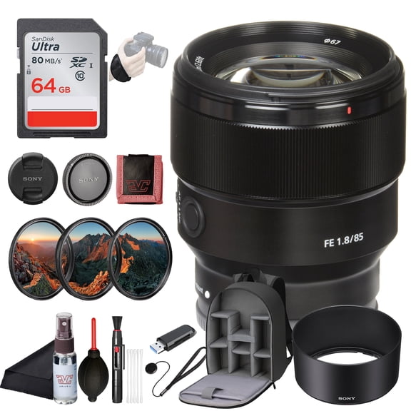 Sony FE 85 mm F1.8 Standard Telephoto Prime Lens  Lightweight Portrait Optics, Smooth 9-Blade Bokeh SEL85F18/2, Filter Kit, BackPack, 64GB Card, Card Reader and More