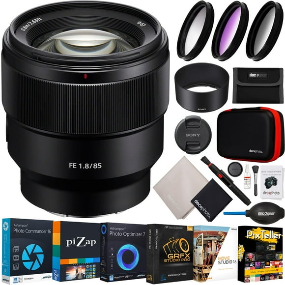 Sony FE 85mm F1.8 Lens SEL85F18 Large Aperture for Full Frame and APS-C E-Mount Mirrorless Cameras Bundle with Deco Gear Photography UV/CPL/FLD Filter Set + Photo Video Software Kit and Accessories