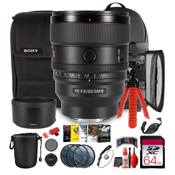 Sony FE 85mm f/1.4 GM II Portrait Lens for Full-Frame E-Mount Cameras + 64GB Card, Filter Kit, Flexible Tripod, Backpack & Accessories (Bundle) (International Model)