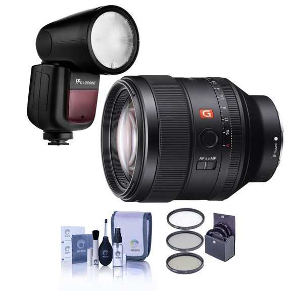 Sony FE 85mm f/1.4 GM Lens for Sony E, Bundle with Flashpoint Zoom Li-on X R2 TTL Flash Speedlight, 77mm Filter Kit, Cleaning Kit