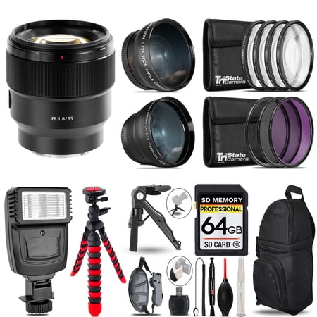 Sony FE 85mm f/1.8 Lens -3 Lens Kit + Slave Flash + Tripod - 64GB Accessory Bundle