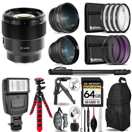 Sony FE 85mm f/1.8 Lens -3 Lens Kit + Slave Flash + Tripod - 64GB Accessory Bundle