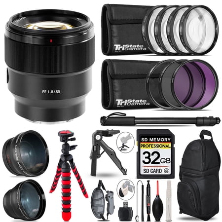 Sony FE 85mm f/1.8 Lens - 3 Lens Kit + Tripod + Backpack - 32GB Accessory Bundle