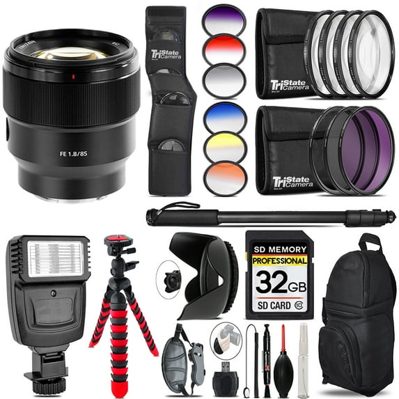 Sony FE 85mm f/1.8 Lens + Flash + Color Filter Set - 32GB Accessory Kit (International Version)