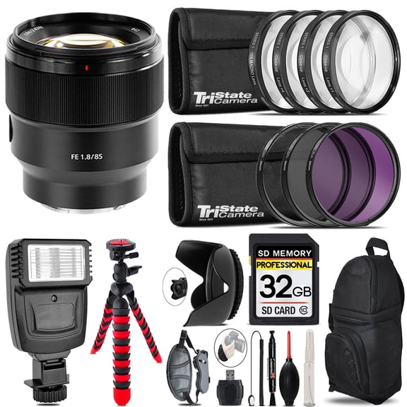 Sony FE 85mm f/1.8 Lens + Flash +  Tripod & More - 32GB Accessory Kit (International Version)