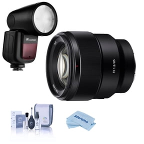 Sony FE 85mm f/1.8 Lens for Sony E, Bundle with Flashpoint Zoom Li-on R2 TTL On-Camera Flash Speedlight, Cleaning Kit, Cleaning Cloth