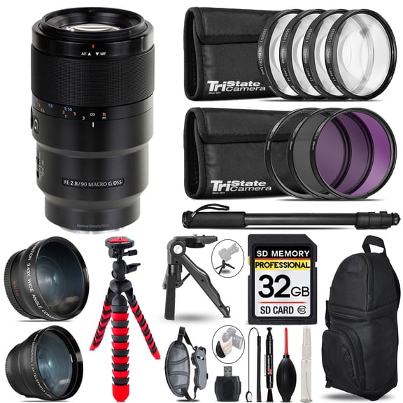 Sony FE 90mm f/2.8 Macro G OSS Lens - 3 Lens Kit + Tripod + Backpack - 32GB Accessory Bundle (International Version)