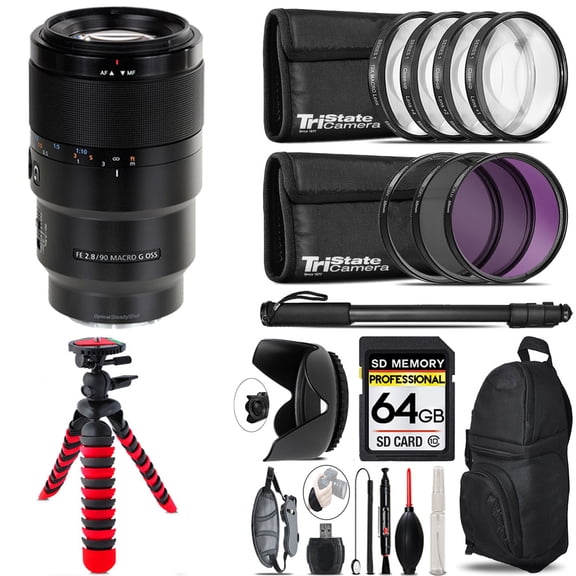 Sony FE 90mm f/2.8 Macro G OSS Lens + 7 Piece Filter & More - 64GB Accessory Kit