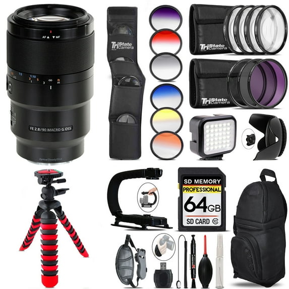 Sony FE 90mm f/2.8 Macro G OSS Lens +LED Light - 64GB Accessory Bundle (International Version)
