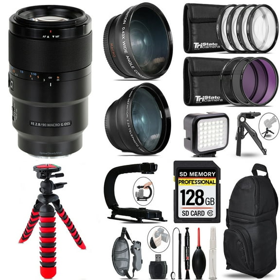 Sony FE 90mm f/2.8 Macro G OSS Lens+ LED Light + Tripod - 128GB Accessory Bundle (International Version)