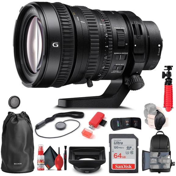 Sony FE PZ 28-135mm f/4 G OSS Lens (SELP28135G) BackPack 64GB Card Card Reader Flex Tripod Memory Wallet Cap Keeper Cleaning Kit Hand Strap More International Model
