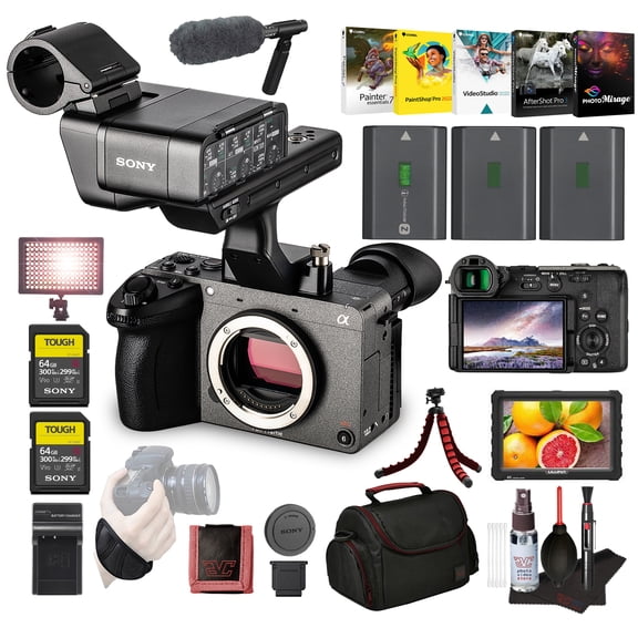 Sony FX2 Cinema Camera Kit w/ XLR Handle Dual XLR Audio, Full-Frame 4K (ILME-FX2) + Pro Mic + Monitor + 2 x 64GB Memory Card + LED Light + 2 x NP-FZ100 Battery + Photography Software + More