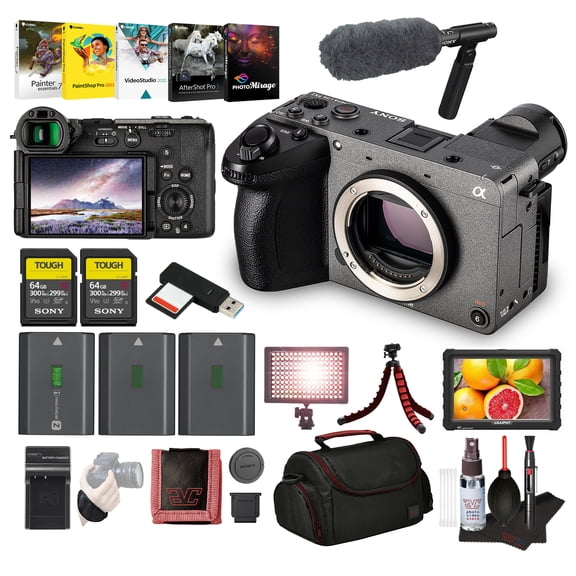 Sony FX2 Compact Cinema Camera Full-Frame 4K, Internal ND, Fast Autofocus (ILME-FX2B) + Pro Mic + Monitor + 2 x 64GB Memory Card + LED Light + 2 x NP-FZ100 Battery + Photography Software + More