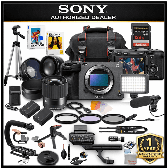 Sony FX2 Digital Cinema Camera with Sigma 30mm f/1.4 DC DN Lens, LED Light, Microphone, 128GB Extreme Speed, U-Grip, Filters, Tripod, Case, Software, & More Pro Video Bundle (36pc)