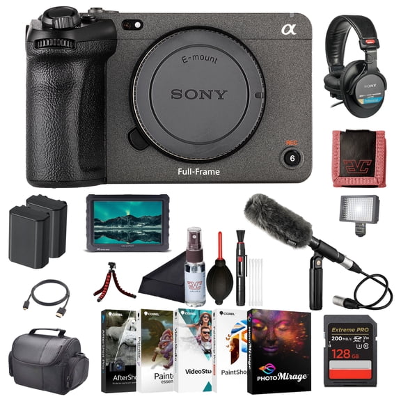 Sony FX3 Full-Frame Cinema Camera Body Only ILME-FX3, 4K Monitor, Pro Headphones, Pro Mic, 128GB Memory Card, Corel Photo Software, 2 x NP-FZ100 Compatible Battery, LED Light, and More