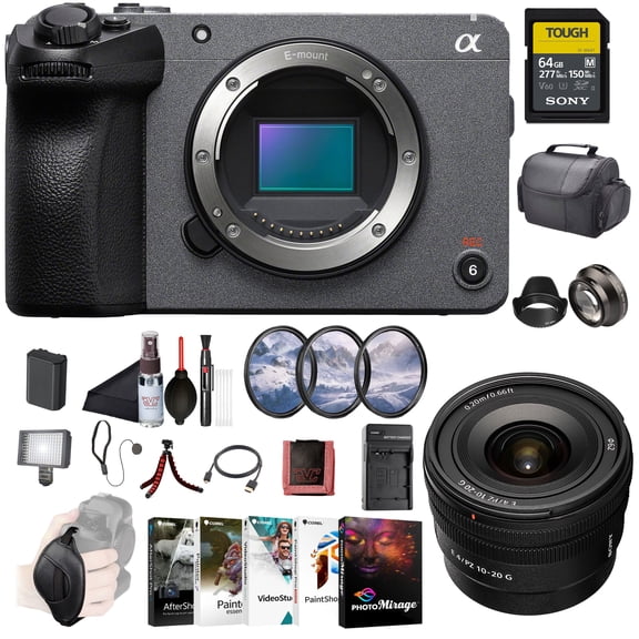 Sony FX30 Cinema Line Camera Body (ILME-FX30B) 26MP APS-C Sensor | 4K Super 35 Recording | Sony E 10-20mm G Lens, 64GB SF-G Tough Card, Filter Kit, Wide Angle Lens, Telephoto Lens and More