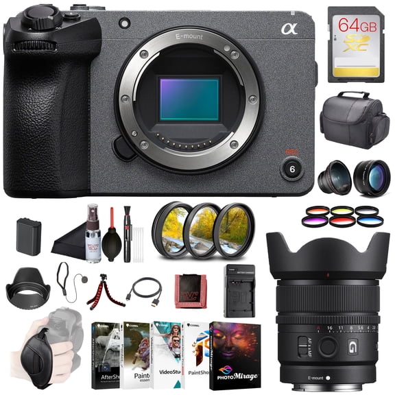 Sony FX30 Cinema Line Camera Body (ILME-FX30B) 26MP APS-C Sensor | 4K Super 35 Recording | Sony E 15mm G Lens, 64GB SF-G Tough Card, Filter Kit, Wide Angle Lens, Color Filter Kit, Bag, and More