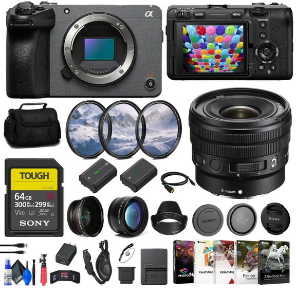 Sony FX30 Digital Cinema Camera (ILME-FX30B) + Sony E 10-20mm G Lens + 64GB SF-G Tough Card + Filter Kit + Wide Angle Lens + Telephoto Lens + Lens Hood + Bag + NP-FZ100 Compatible Battery + More