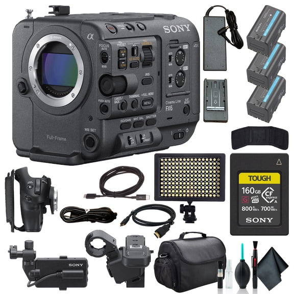 Sony FX6 Full-Frame Cinema Camera Body Only ILME-FX6V, 160GB Memory Card, 2 x BP-U35 Battery, Bag, LED Light, Memory Card Wallet, Cleaning Kit, HDMI Cable