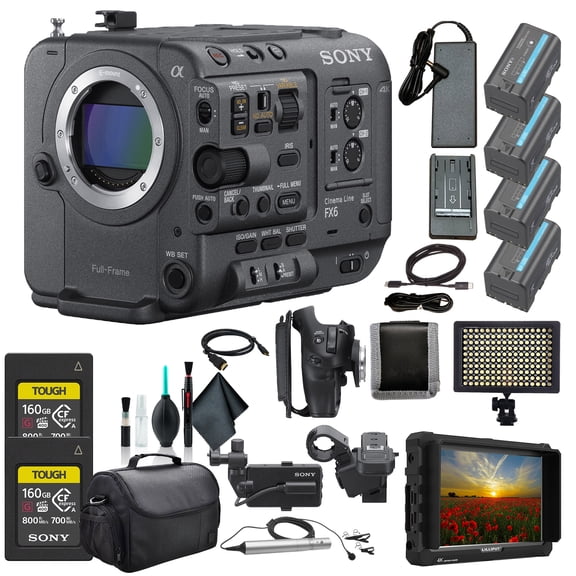 Sony FX6 Full-Frame Cinema Camera Body Only ILME-FX6V, 4K Monitor, ECM-77B Mic, 2 x 160GB Memory Card, 3 x BP-U35 Battery, Bag, LED Light, Memory Card Wallet, Cleaning Kit, HDMI Cable