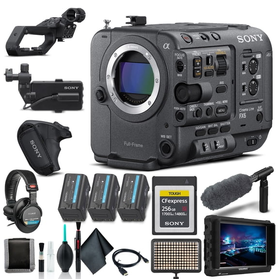 Sony FX6 Full-Frame Cinema Camera (ILME-FX6V) Full-Frame E-Mount | Exmor R Sensor | Dual BP-U35 Batteries | 4K Monitor, Pro Mic, LED Light & More