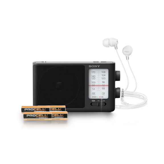 Sony ICF506 Portable Radio with AA (4-pack) with Wired In-Ear Earbud Headphones and Radio Accessory Bundle (3 Items)