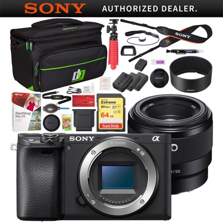 Sony a6400 4K Mirrorless Camera Body ILCE-6400/B with FE 50mm F1.8 Lens Kit Bundle with Deco Gear Travel Case 2x Extra Battery Essential Photography Accessory Set