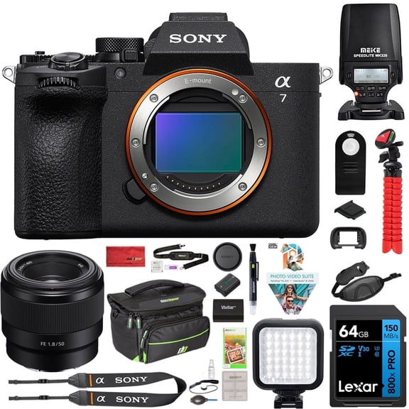 Sony ILCE-7M5/B a7 V Full-frame Mirrorless Camera Body Bundle with FE 50mm F1.8 Lens, MK320 Flash Speedlight, 72" Monopod, 64GB Memory Card, Corel Photo Video Suite, Deco Photo Camera Bag + More