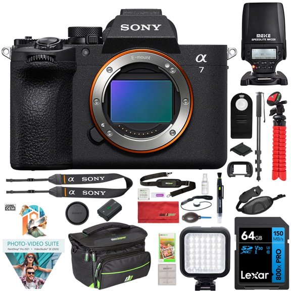 Sony ILCE-7M5/B a7 V Full-frame Mirrorless Camera Body Bundle with MK320 Flash Speedlight, 72" Monopod, Wrist Grip Strap, 64GB Memory Card, Corel Photo Video Suite, Deco Photo Camera Bag + More