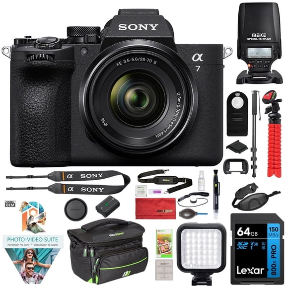 Sony ILCE-7M5M/B a7 V Full-frame Mirrorless Camera with 28-70mm II Lens Bundle with Flash Speedlight, 72" Monopod, Wrist Grip Strap, 64GB Card, Corel Photo Video Suite, Deco Photo Camera Bag + More