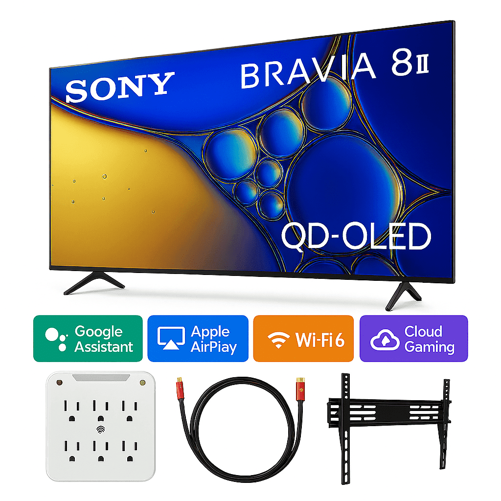 Sony K55XR80M2 55" BRAVIA 8 II QD‑OLED 4K HDR Smart Google TV (2025) with Wall Mount, HDMI Cables & 6‑Outlet Surge Protector Bundle
