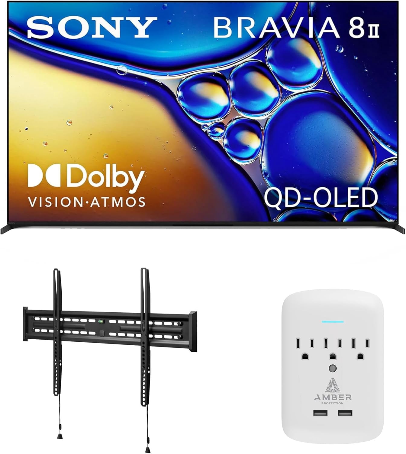 Sony K55XR80M2 55 Inch Bravia 8 QD-OLED 4K HDR Google TV with a Walts FIXED-MOUNT-43-90 TV Mount for 43"-98" TVs and Amber Protection 3-OUTLET-SURGE Surge Protector (2025)